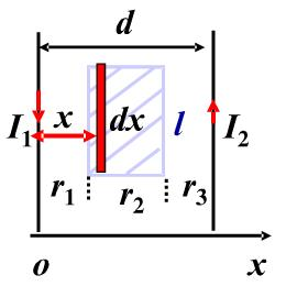 两平行长直导线相距d=40cm，每根导线载有电流I1=I2=20A，电流流向如图所示，求：（1)两导