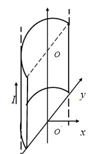 如图（a)所示，一个半径为R的无限长半圆柱面导体，沿长度方向的电流J在柱面上均匀分布。求半圆柱面轴线