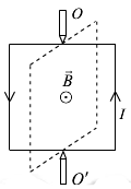 一边长为l的正方形线圈载有电流I，处在均匀外磁场B中，曰垂直图面向外，线圈可以绕通过中心的竖直轴OO