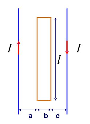 5.3.2二无限长载流直导线与一长方形框架共面（如图)，已知a=b=c=10cm，l=10m，I=1