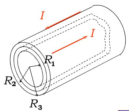 有一根很长的同轴电缆，由一圆柱形导体和一同轴圆筒状导体组成，圆柱的半径为R1，圆筒的内外半径分别为R