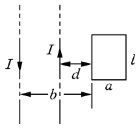 两条平行无限长直导线和一矩形线圈共处同一平面内，如图所示。当导线中的电流随时间的变化率为时，求：两条