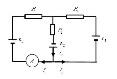 如图所示的电路中，已知ε2=12V、ε3=4V；安培计的读数为0.5A，其内阻可忽略不计，电流方向如