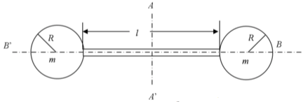一个哑铃由两个质量为m、半径为R的铁球和中间一根长l的连杆组成，如图所示。和铁球的质量相比，连杆的质