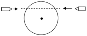 一圆盘绕通过盘心且垂直于盘面的水平轴转动，轴间摩擦不计。如图所示射来两个质量相同、速度大小相同、方向