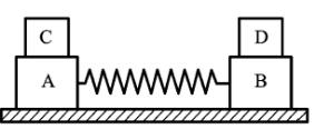 如图所示，质量分别为m1和m2的物体A和B置于光滑桌面上，A和B之间连有一轻弹簧．另有质量为m1和m