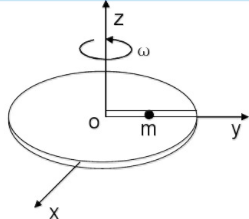 一圆盘绕其竖直的对称轴以恒定的角速度ω旋转。在圆盘上沿径向开有一光滑小槽，槽内一质量为m的质点以v0