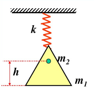 如图所示，一劲度系数为k的轻弹簧，其下挂有一质量为m1的空盘。现有一质量为m2的物体从盘上方高为h处