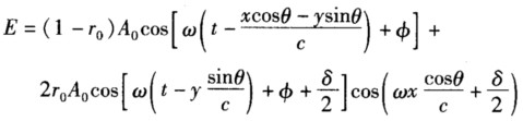 设平面波以θ角入射到一平面反射面，如图2．9所示，反射面的反射系数为r=r0exp（iδ)， （1)