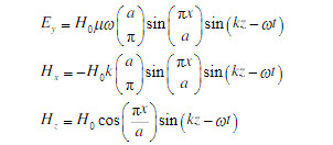 在由理想导电壁（σ=∞)限定的区域0≤x≤a内存在一个如下的电磁场         这个电磁场满足的