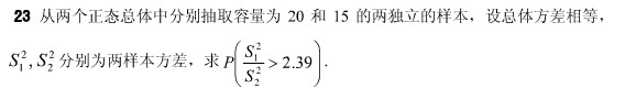 23．从两个正态总体中分别抽取容量为20和15的两独立的样本，设总体方差相等，，分别为两样本方差，求