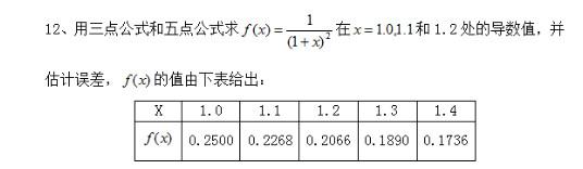 分别用两点公式与三点公式求在x=1.0，x=1.2的导数值，并估计误差，其中f（x)的数据由下表给出