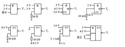 下图为TTL门电路，试判别各电路的输出状态。    