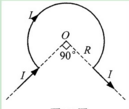 如图所示，一条无限长直导线在一处弯折成圆弧，圆弧半径为R，圆心在O点，直线的延长线都通过圆心，已知导