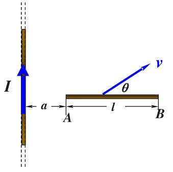 如图所示，一长直导线中通有电流，，另有一长度为L的金属棒AB，以v的速度平行于长直导线做匀速直线运动