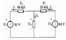 在图1.37中，已知I1=3mA，I2=1mA。试确定电路元件3中的电流I3和其两端电压U3，并说明