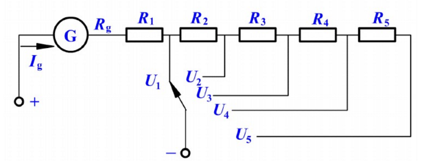 图1.34所示为某万用表的直流电压表部分的电路，五个电压量程分别是U1=2.5V，U2=10V，U3