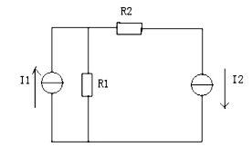 在图1.44所示的电路中，I1=2A，I2=4A，R1=20Ω，R2=10Ω，求各理想电流源的端电压