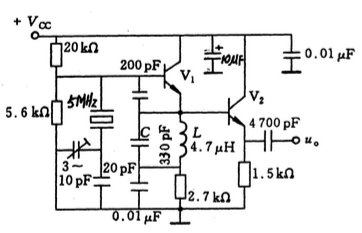 下图（a)所示为三次泛音晶体振荡器，输出频率为5MHz，试画出振荡器的交流通路，说明LC回路的作用及