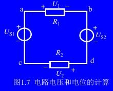 电路如图所示，电源电压US1=10V，US2=5V，电阻电压U1=3V，U2=2V。分别取c点和d点