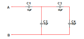 已知电容连接电路如图所示，C1=15μF，C2=10μF，C3=30μF，C4=60μF，试分别求A