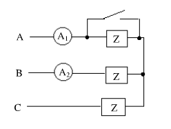 如图所示对称三相电路中，电流表读数均为1A(有效值)，若因故障发生A相短路(即开关闭合)则电流表A1