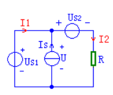 如图所示，已知US1=15V，US2=5V，R=5Ω，求电路的电流值，并计算出两电池的功率。说明功率