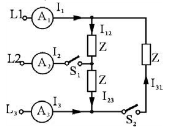 已知三相对称负载△形联结电路如图所示，S1、S2闭合时，三电流表读数均为10A，若线电压保持不变，试