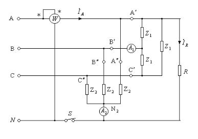 图所示三相四线制电路中Z1=－j30Ω，Z2=15＋j36Ω。对称三相电源的线电压为380V，图中电
