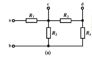 如图所示电路，试分别求ab两端和cd两端的等效电阻。已知R1=6Ω，R2=15Ω，R3=R4=5Ω。