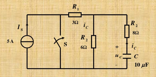 图（a)所示电路原定已稳定，t=0时，开关S闭合。求uC（0＋)、iC（0＋)的值。图(a)所示电路