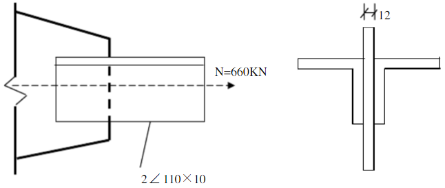 在下图所示角钢和节点板采用两边侧焊缝的连接中，N=660kN（静力荷载，设计值)，角钢为2110×1