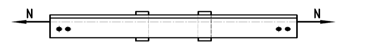 验算下图中由2L75×5（面积为7.41×2cm2)组成的水平放置的轴心拉杆。轴心拉力的设计值为27