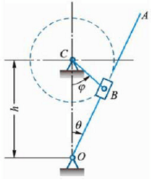 图（a)所示摇杆机构中，杆AB以匀速v垂直向上运动，通过套筒A带动摇杆OC绕O轴转动，尺寸l已知。求