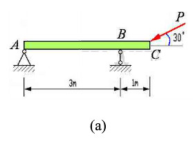 梁AC在C处受集中力F作用，若F=30kN，试求A、B支座的约束反力。
