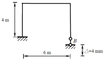 图所示结构B支座下沉4mm，各杆EI=2.0×105kN·m2，用力法计算并作M图。图所示结构B支座