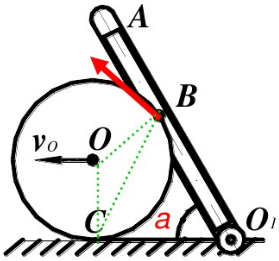 圆轮O在水平面上作纯滚动，轮心O以匀速度v0=0.1m／s向右运动，圆轮半径R=0.2m，连杆BD长