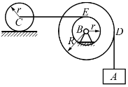 在图示系统中，物块A的质量为m1，滑轮B和滚子C都是均质圆盘，质量均为m2，半径均为r，滚子C在固定