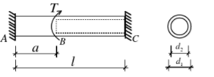 图示一根两端固定的杆ABC，在截面B处作用一力偶Me，杆的AB段为实心圆杆，直径为d1，BC段为空心