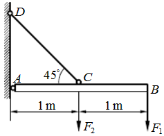 在图（a)所示结构中，AB为一刚性杆，CD为钢制斜拉杆。已知F1=8kN，F2=6kN。杆CD横截面