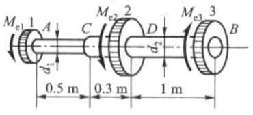 阶梯圆轴直径分别为d1=4cm，d2=7cm，轴上装有三个皮带轮如图所示。已知由轮3输入的功率为N3