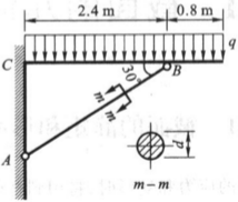 如图所示，一简单托架，其撑杆AB为圆截面木杆。若托架上受到q=50kN／m的均布荷载作用，A、B两处