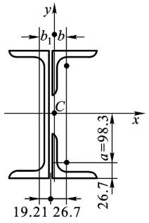 图示截面由一个25c号的槽钢截面和两个90×90×12的等边角钢截面组成。求此组合截面对于形心轴x、