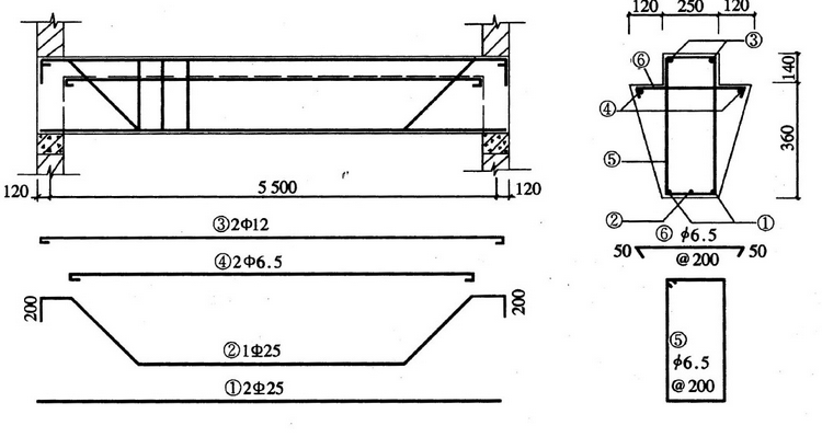 如下图所示。某现浇花篮梁共20支，混凝土强度等级为025，梁垫尺寸为800mm×240mm×240m