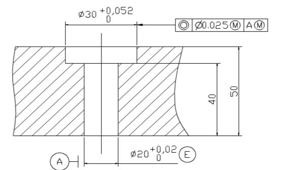 如图所示，若被测孔的形状正确。      （1)测得其实际尺寸为φ30.1mm，而同轴度误差为φ0.