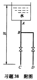如习题38附图所示，水槽中的水由管C与D放出，两根管的出水口位于同一水平，阀门全开。各段管内径及管长