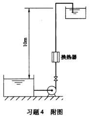 在一化工生产车间，要求用离心泵将冷却水由贮水池经换热器送到另一敞口高位槽，如习题4附图所示。  已知