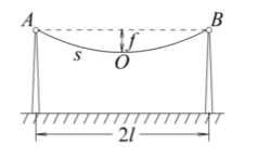 图3－2所示的电缆的长为s，跨度为2l，电缆的最低点O与杆顶连线AB的距离为f．则电缆的长度可按下面