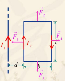 如图所示，一根长直线载有电流I1=30A，放在其旁并与之共面的矩形回路通有电流I2=20A。已知a=