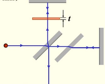 把折射率n=1.40的透明薄膜，放在迈克尔孙干涉仪的一个光臂上，如图所示。已知光源是波长λ=5893